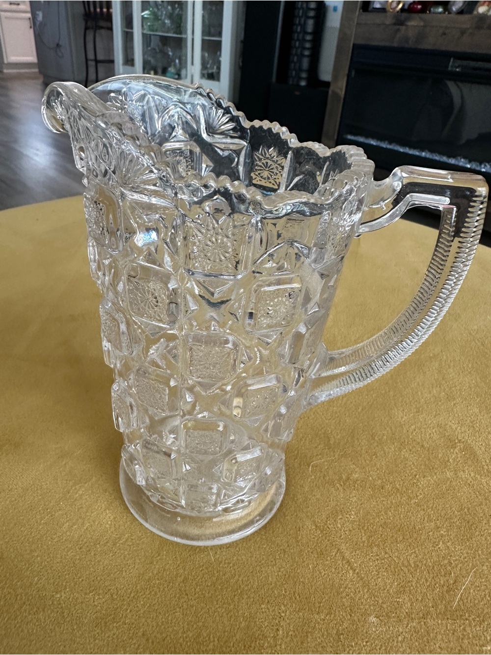 Clear Pressed Glass Pitcher with Patterned Cut Design